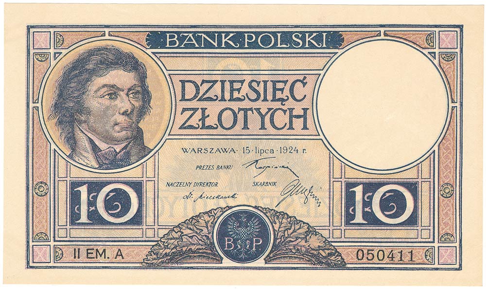 Vorderseite der Zehn-Złoty-Banknote der Ausgabe von 1924, fotografiert im Jahr 2018