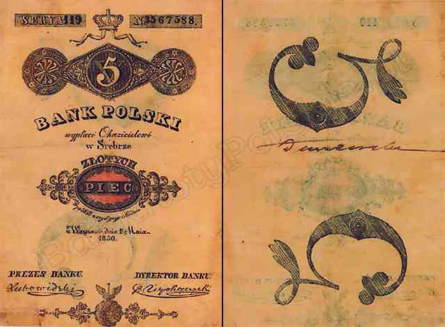 A five-złoty banknote from 1830 as a physical example of currency from the Kingdom of Poland
