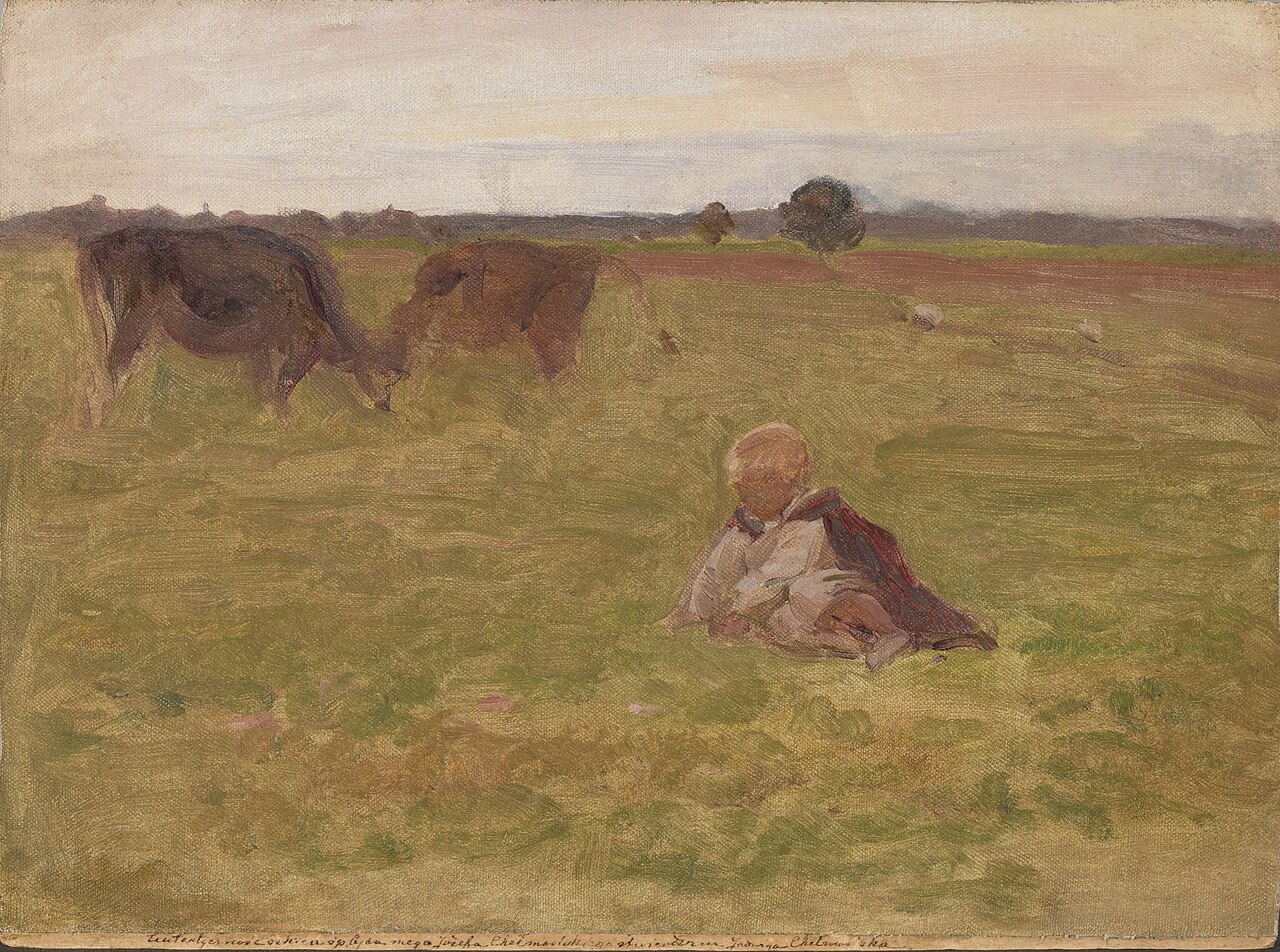 Józef Chełmoński, Pastuszek, szkic: malarska ilustracja wiejskiego wypasu, nie zapis sporu o serwitut