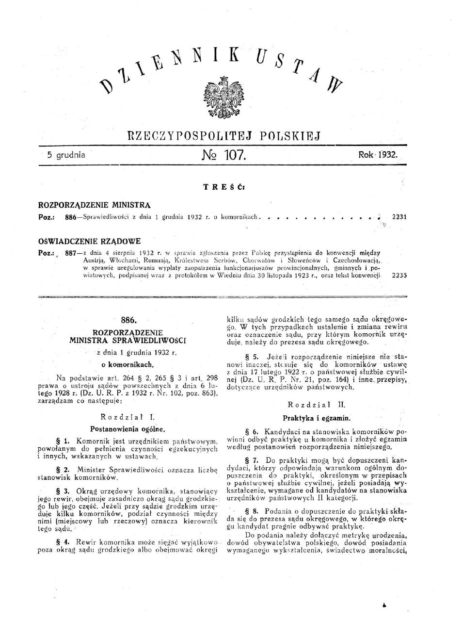 لائحة المحضرين القضائيين، 1932. Dziennik Ustaw رقم 107، بند 886. مسح ضوئي للصفحة الأولى من النص التاريخي المنشور، وليس النص الموحد الحالي.