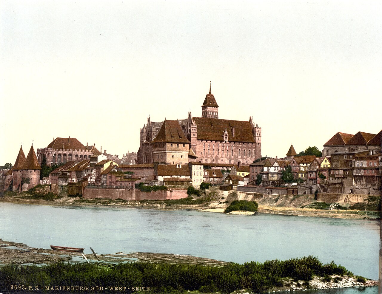 Malbork किले का दक्षिण-पश्चिम से ऐतिहासिक दृश्य, 1890 और 1905 के बीच