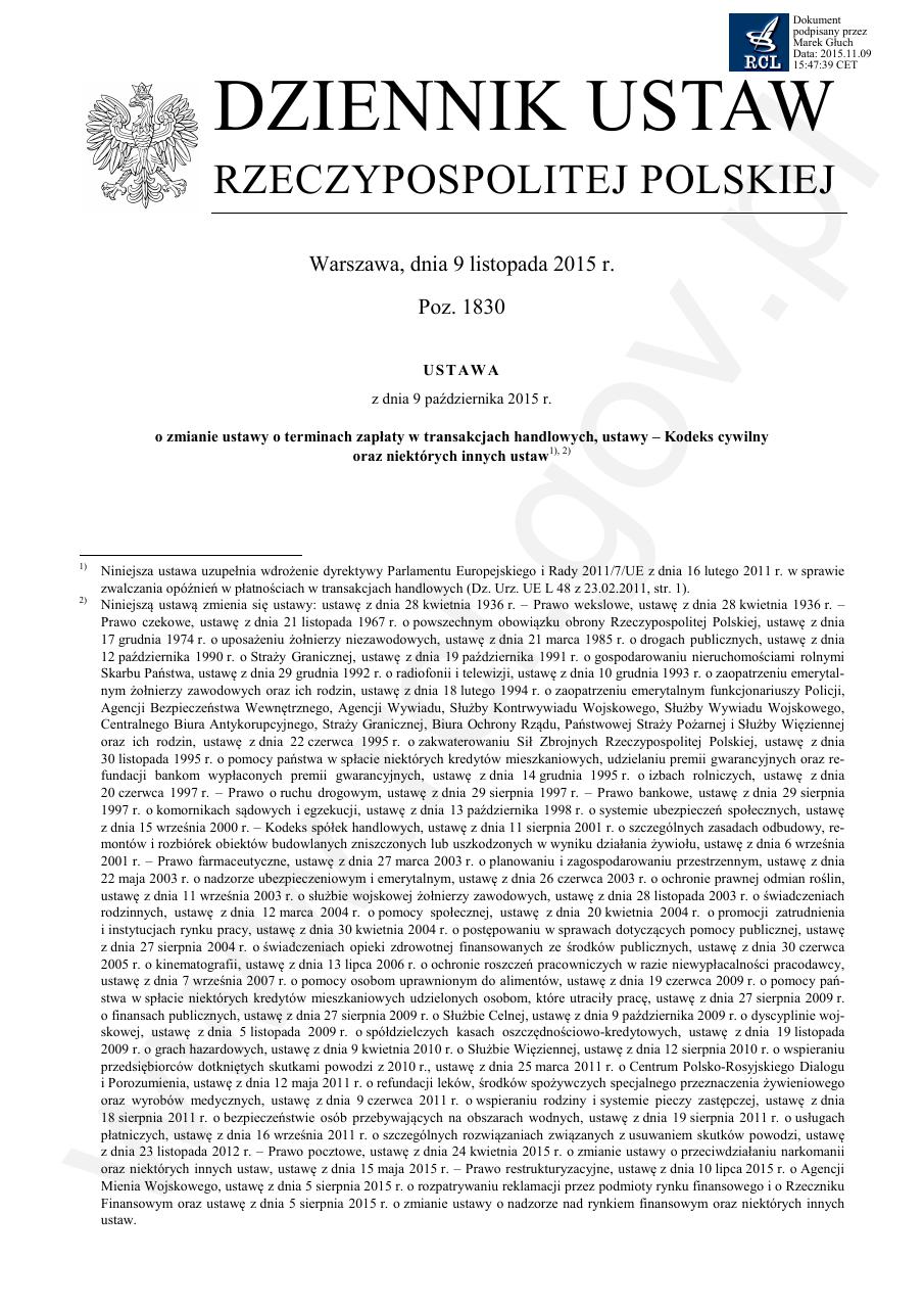 Поправка щодо відсотків, 2015. Dziennik Ustaw, поз. 1830. Скан першої сторінки опублікованого історичного акта, не чинна зведена редакція.