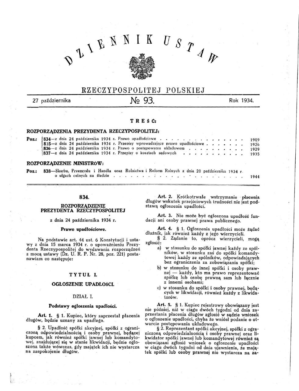 Bankruptcy Law, 1934. Journal of Laws No. 93, item 834. Scan of the first page of the historical act as published, not the current consolidated text.