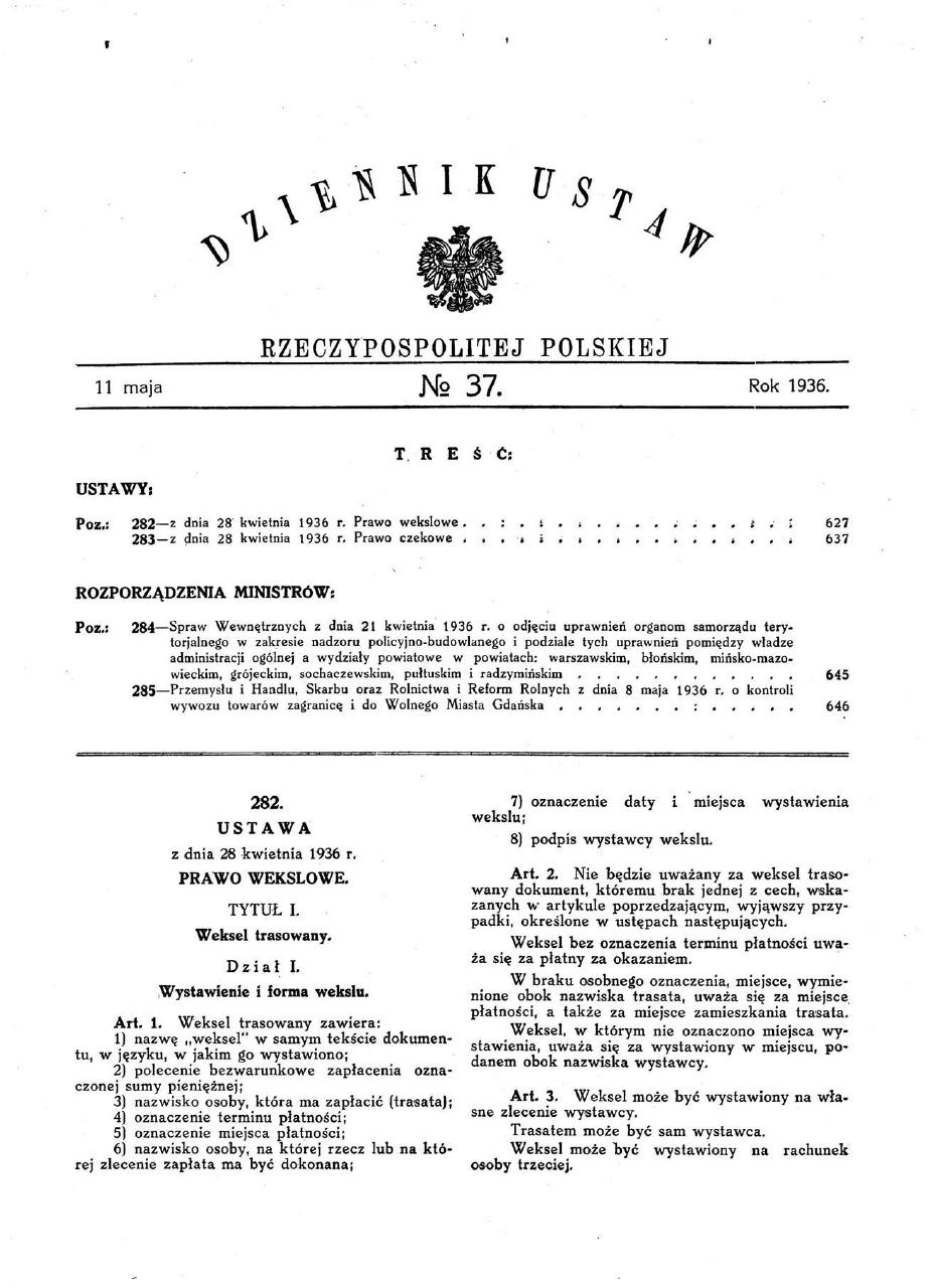 Derecho cambiario, 1936. Dziennik Ustaw n.º 37, entrada 282. Escaneo de la primera página del texto histórico publicado, no del texto consolidado actual.