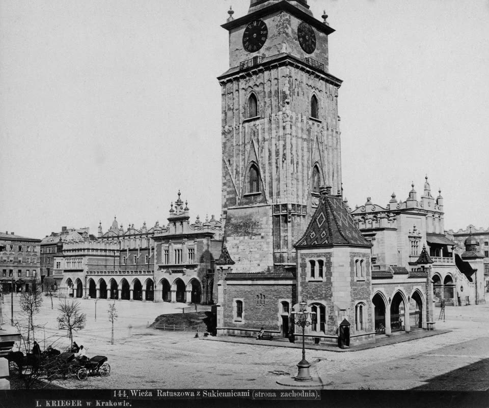 Kraków, Rynek Główny z Sukiennicami i wieżą ratuszową na fotografii Ignacego Kriegera z 1887 roku