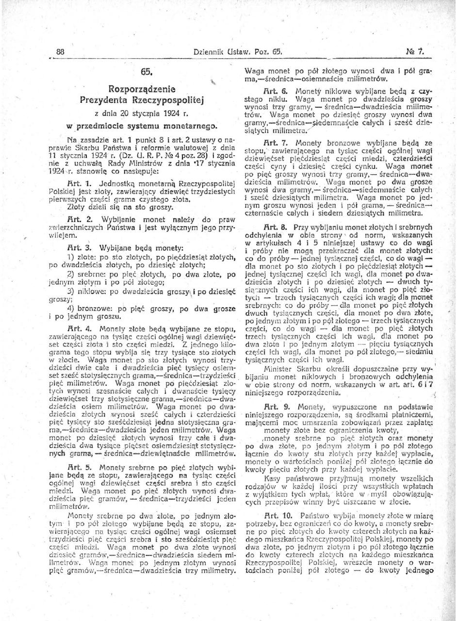 Verordnung über das Währungssystem, 1924. Dziennik Ustaw Nr. 7, Pos. 65. Scan der ersten Seite des historischen verkündeten Rechtsakts, keine aktuelle konsolidierte Fassung.